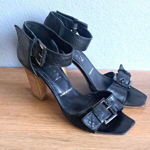 Melin Vintage Leather Ankle Strap Sandals Women 36 Black Block Heel Wood Detail